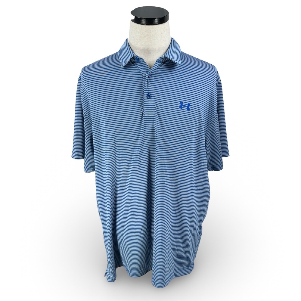 Under Armour HeatGear Mens 2XL Blue Gray Striped Short Sleeve Golf Polo Shirt